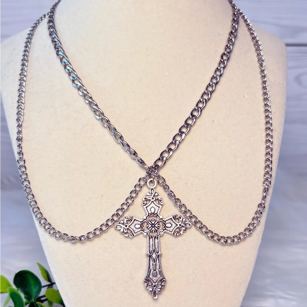 Elegant Silver Cross Double Chain Choker‎ Necklace